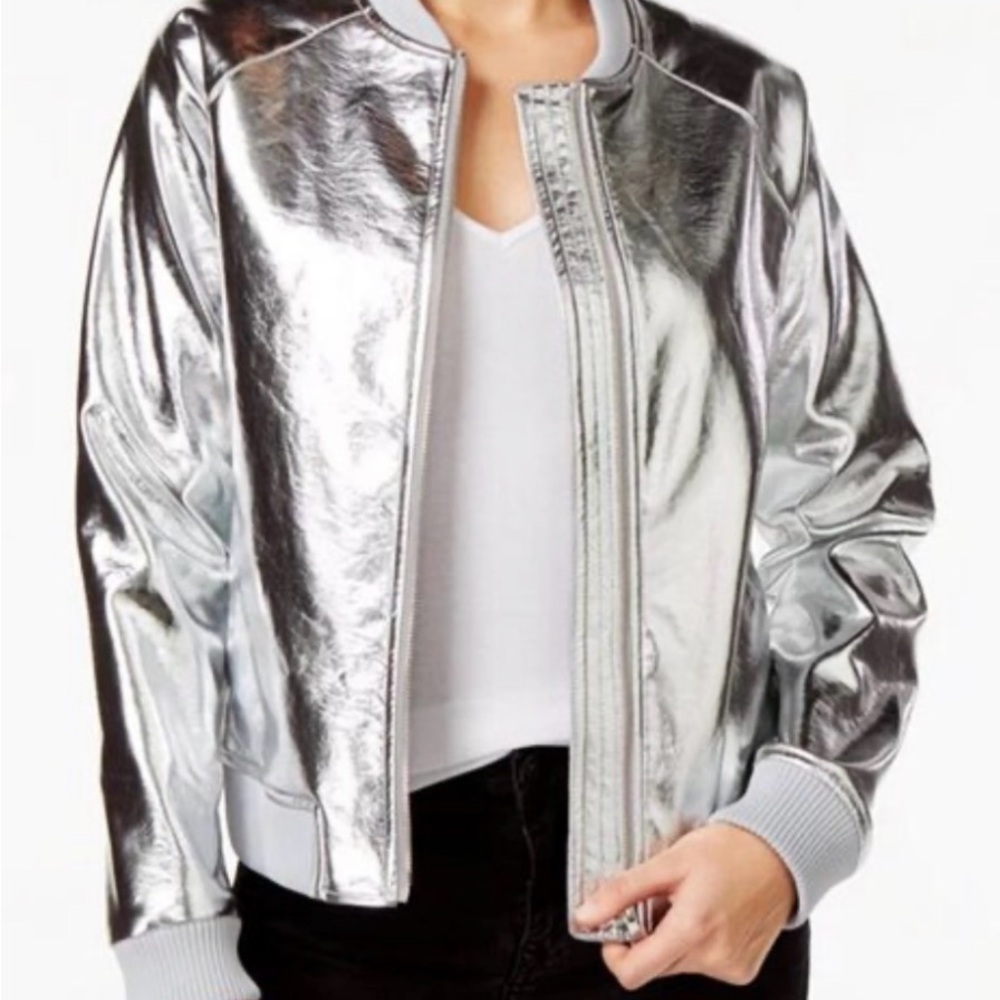 GUESS Silver Metallic Women's Bomber Jacket